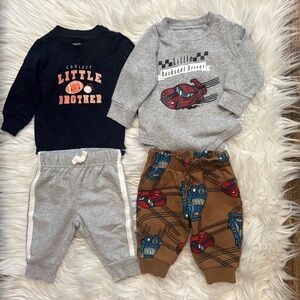 Carter’s Baby Boy 3M Lot of 2 Outfits Bodysuits & Joggers Little Brother Cars